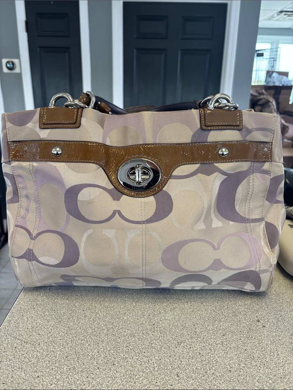 Coach Signature Canvas Tote in Lavender and Brown Leather Trim